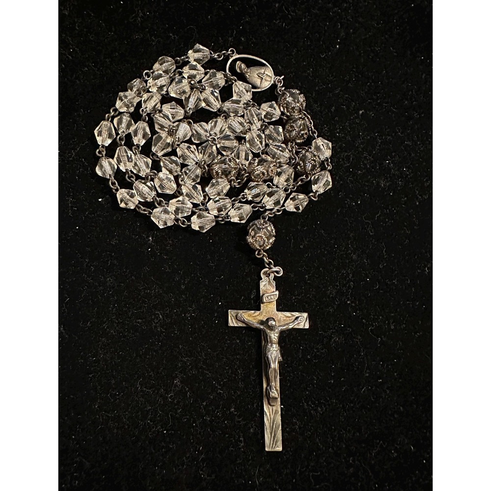 Vintage HMH Sterling Silver & Crystal Rosary Beads 24"